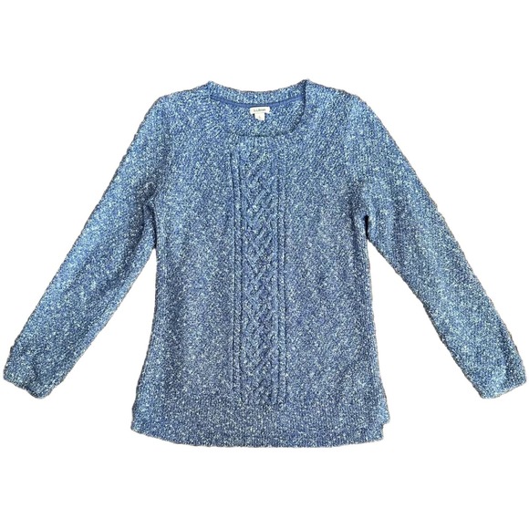 LL Bean Sweater Women's Small Blue White Marled Pullover Cotton Knit Thick Warm - Picture 1 of 6
